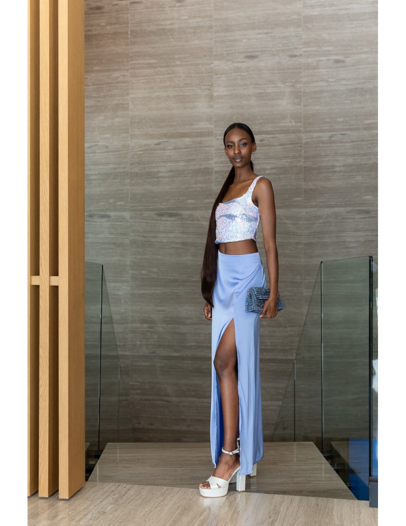 Amalia-Light Blue Satin Long Skirt with Back Zipper