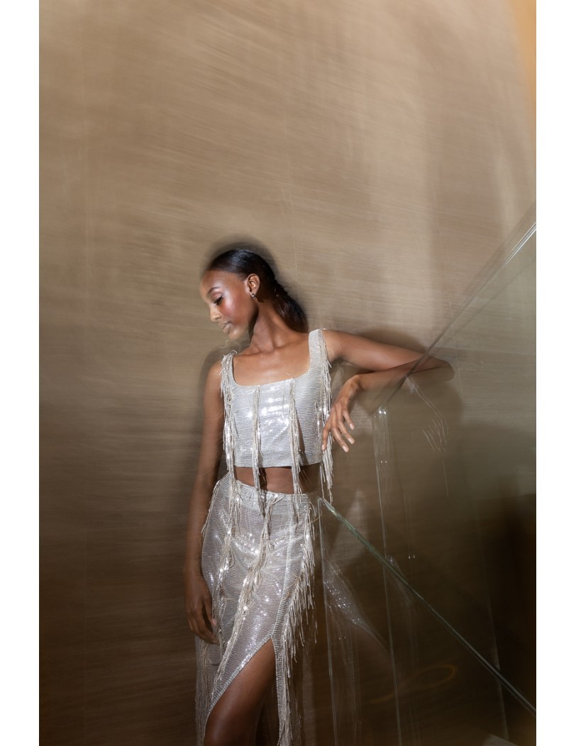 Zinna-silver Sequin Skirt with Lining and Back Zipper