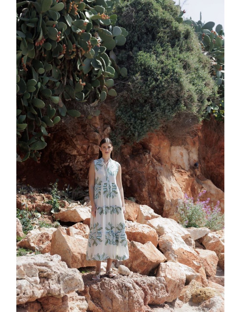 Sifnos-130 Long Jacquard Dress with Fur Trim – Elegant & Luxurious
